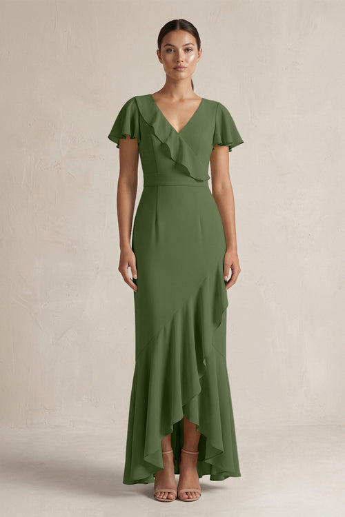 Rufffled V-Neck Sheath Chiffon Bridesmaid Dress in Moss | KISSBRIDAL
