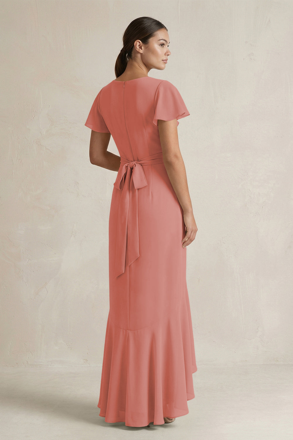Rufffled V-Neck Sheath Chiffon Bridesmaid Dress in Mulberry