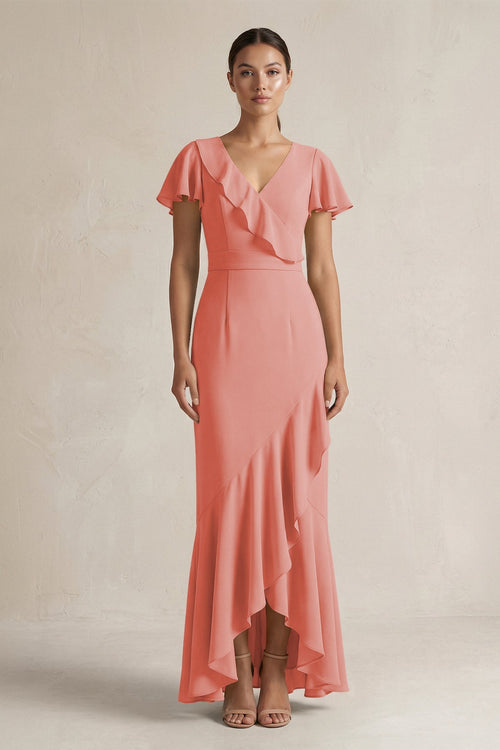 Rufffled V - Neck Sheath Chiffon Bridesmaid Dress in Mulberry - SHE IS ME Bridesmaid Dresses