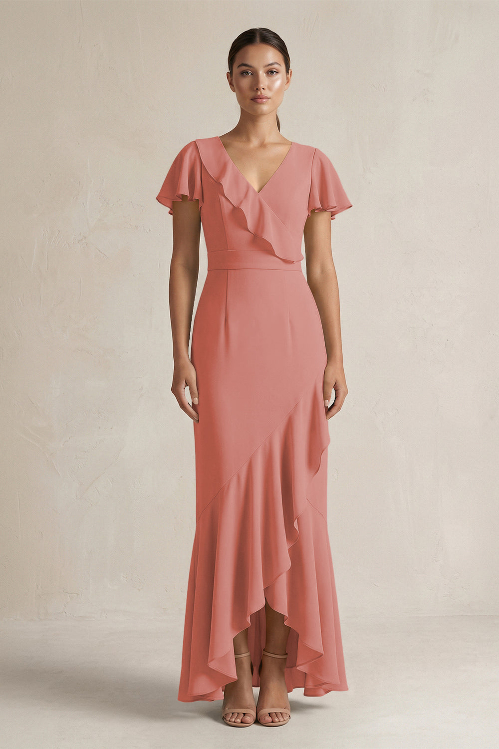 Rufffled V-Neck Sheath Chiffon Bridesmaid Dress in Mulberry