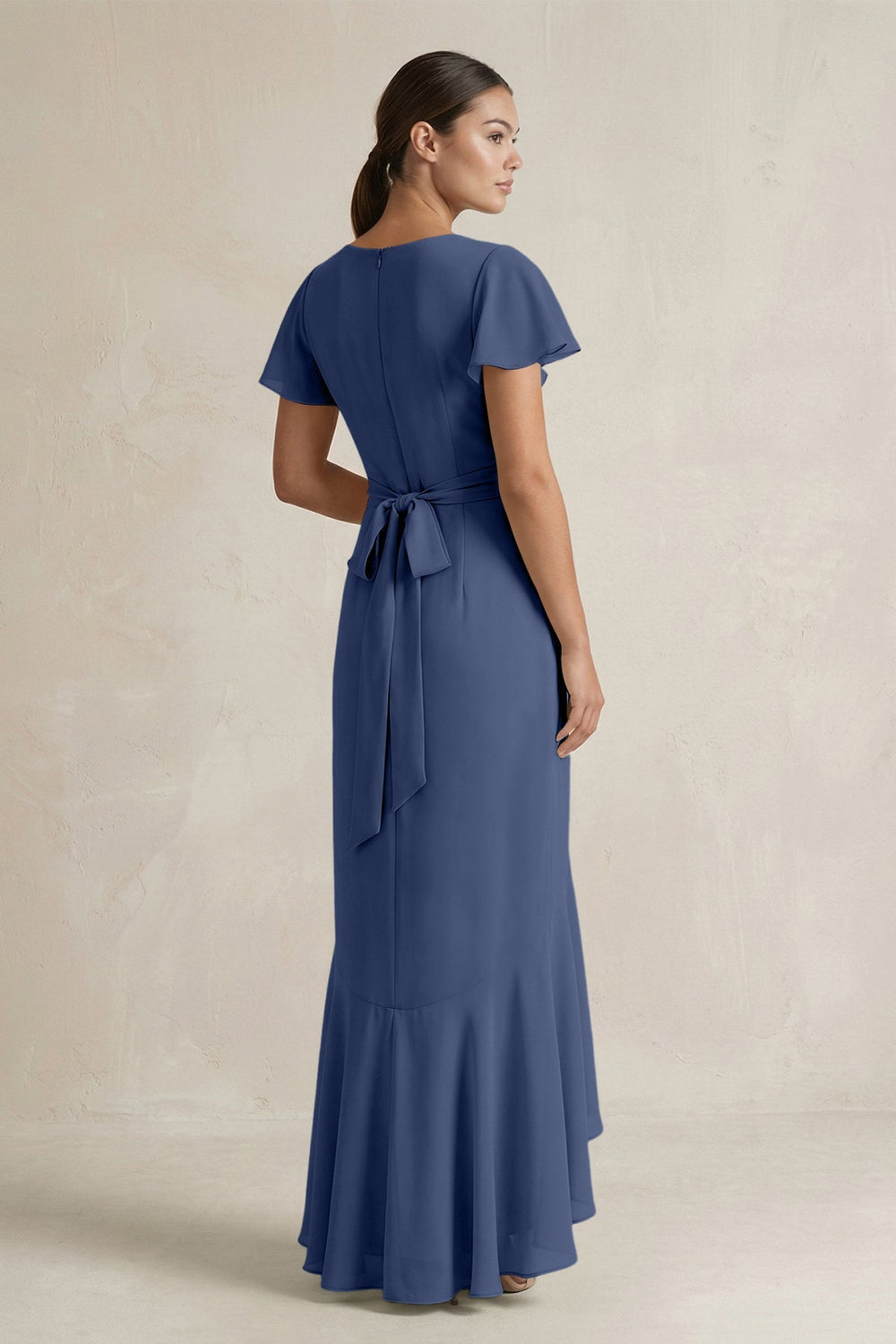 Rufffled V - Neck Sheath Chiffon Bridesmaid Dress in Navy - KISS BRIDAL Bridesmaid Dresses