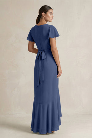 Rufffled V - Neck Sheath Chiffon Bridesmaid Dress in Navy - SHE IS ME Bridesmaid Dresses