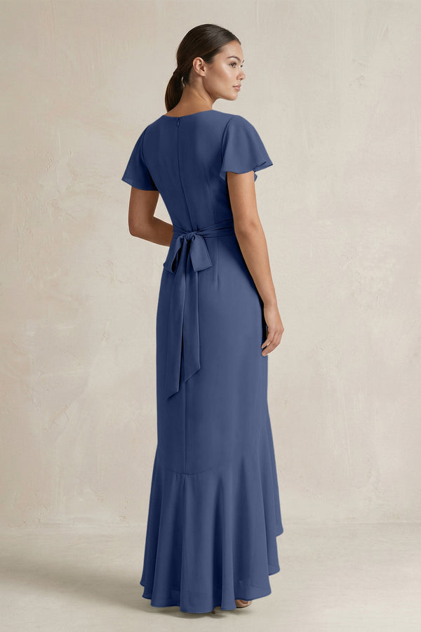 Rufffled V - Neck Sheath Chiffon Bridesmaid Dress in Navy - SHE IS ME Bridesmaid Dresses