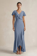 Rufffled V - Neck Sheath Chiffon Bridesmaid Dress in Neptune - SHE IS ME Bridesmaid Dresses