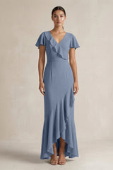 Rufffled V - Neck Sheath Chiffon Bridesmaid Dress in Neptune - KISS BRIDAL Bridesmaid Dresses