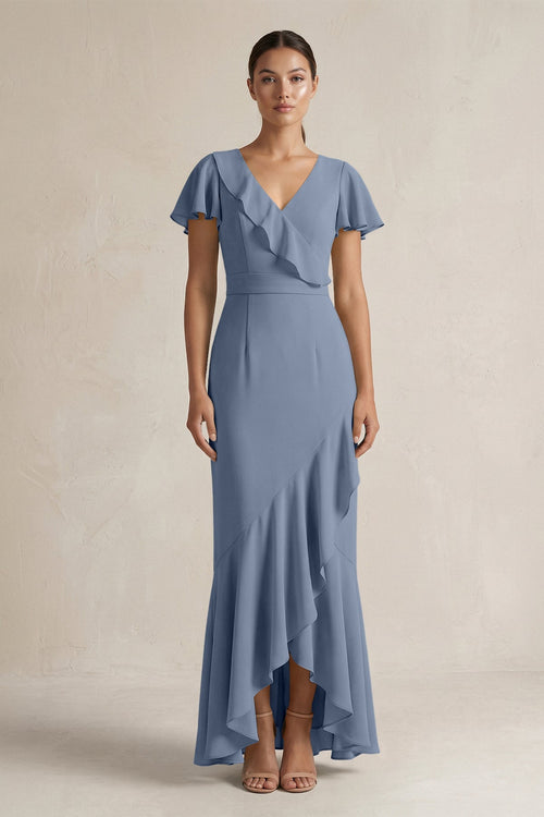 Rufffled V - Neck Sheath Chiffon Bridesmaid Dress in Neptune - SHE IS ME Bridesmaid Dresses
