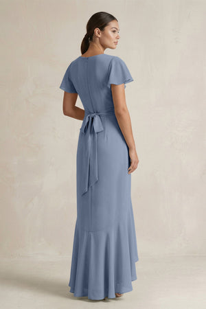 Rufffled V - Neck Sheath Chiffon Bridesmaid Dress in Neptune - SHE IS ME Bridesmaid Dresses