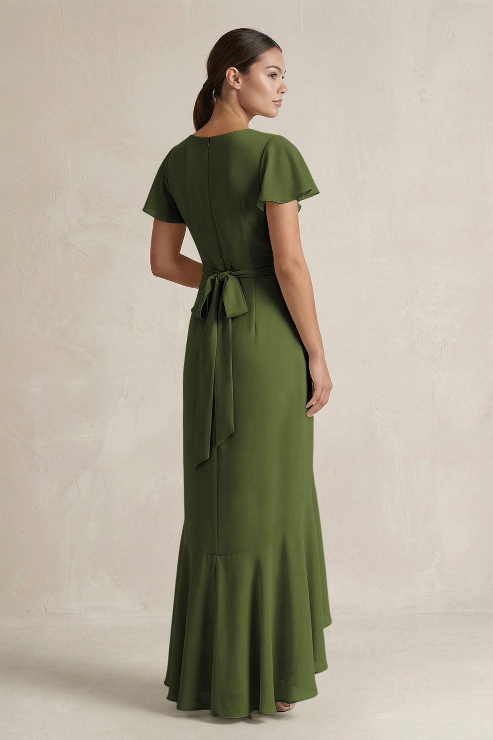 Rufffled V - Neck Sheath Chiffon Bridesmaid Dress in Olive - KISS BRIDAL Bridesmaid Dresses