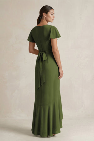 Rufffled V - Neck Sheath Chiffon Bridesmaid Dress in Olive - SHE IS ME Bridesmaid Dresses
