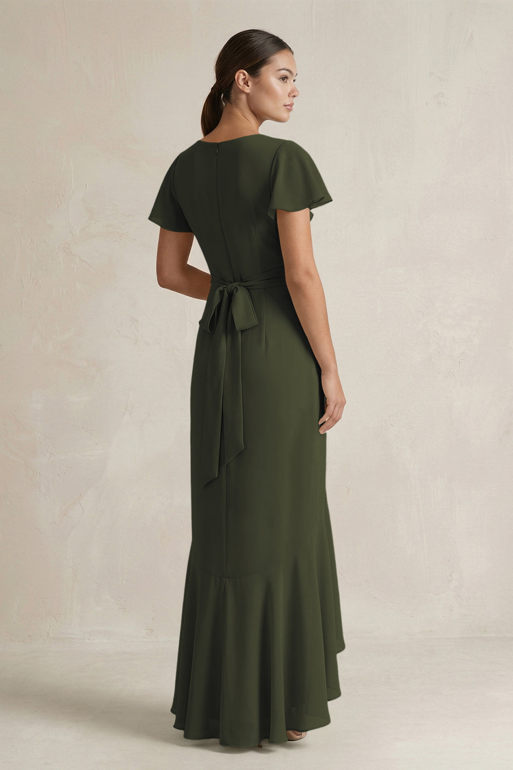 Rufffled V-Neck Sheath Chiffon Bridesmaid Dress in Olive