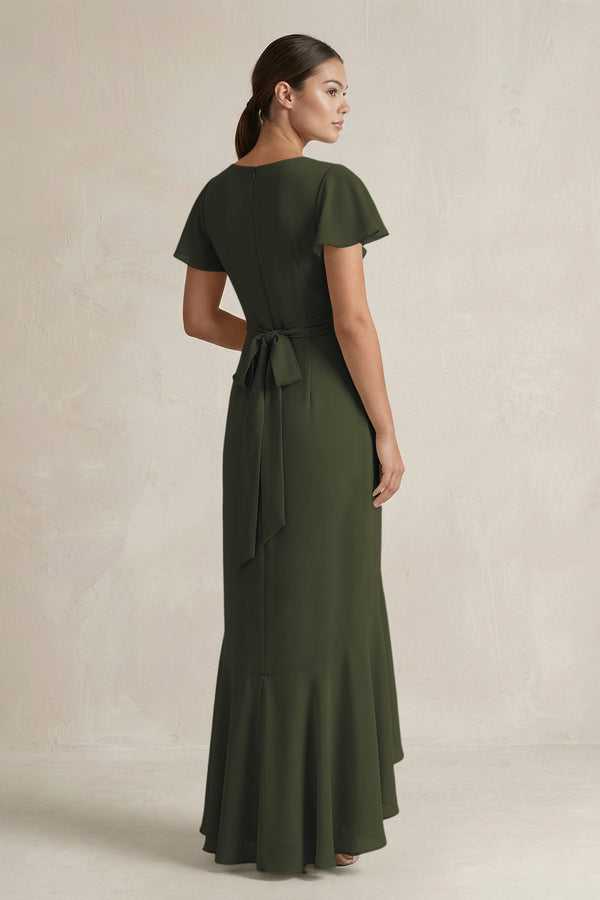 Rufffled V-Neck Sheath Chiffon Bridesmaid Dress in Olive (2) | KISSBRIDAL