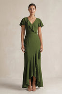 Rufffled V - Neck Sheath Chiffon Bridesmaid Dress in Olive - SHE IS ME Bridesmaid Dresses
