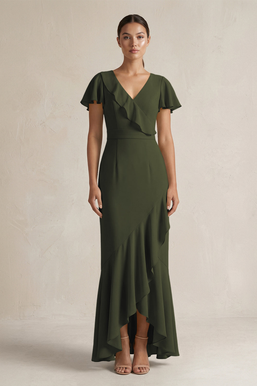 Rufffled V-Neck Sheath Chiffon Bridesmaid Dress in Olive