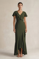 Rufffled V-Neck Sheath Chiffon Bridesmaid Dress in Olive | KISSBRIDAL