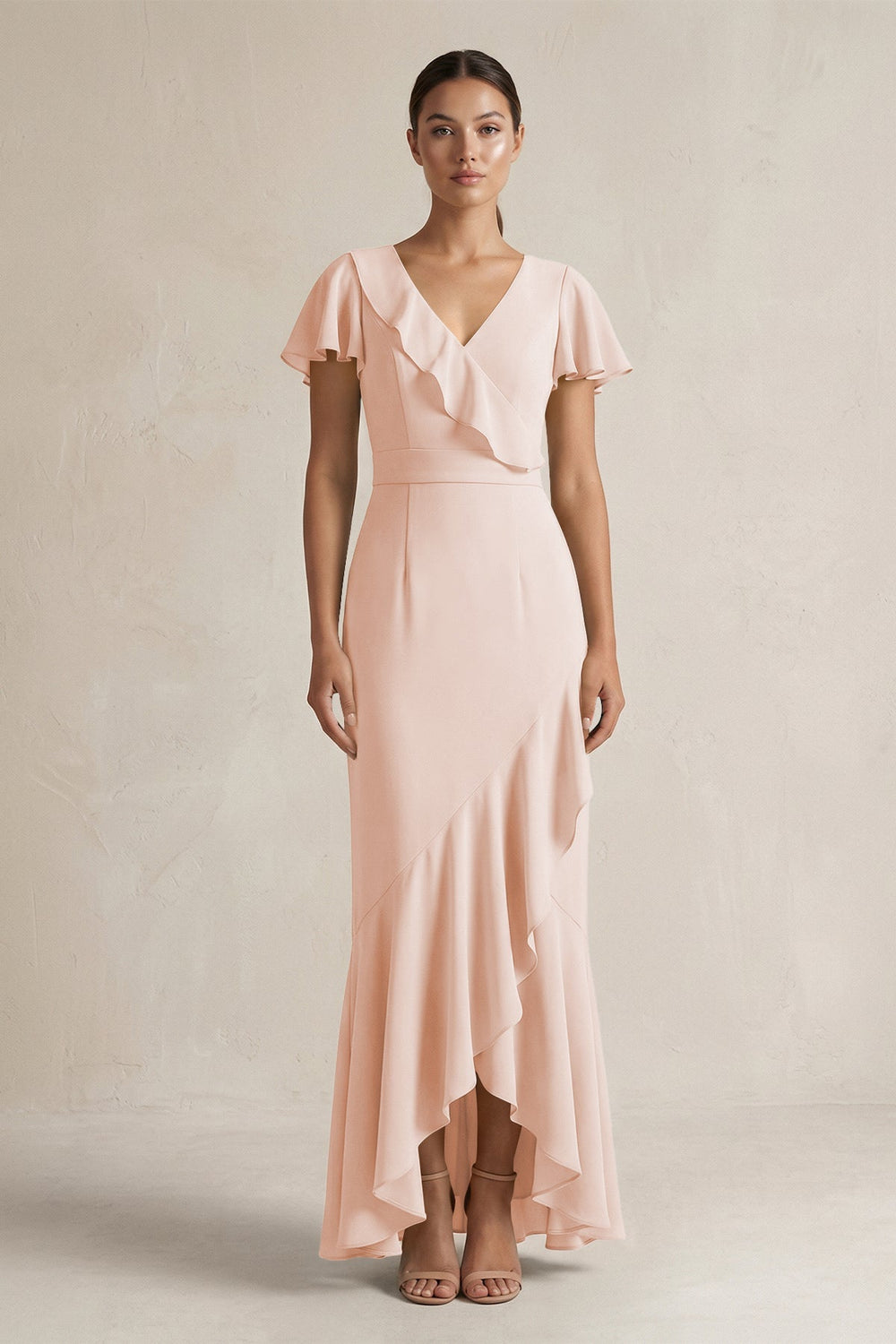 Rufffled V - Neck Sheath Chiffon Bridesmaid Dress in Pale Blush - KISS BRIDAL Bridesmaid Dresses