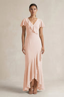 Rufffled V - Neck Sheath Chiffon Bridesmaid Dress in Pale Blush - SHE IS ME Bridesmaid Dresses