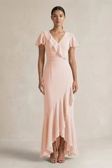 Rufffled V - Neck Sheath Chiffon Bridesmaid Dress in Pale Blush - KISS BRIDAL Bridesmaid Dresses