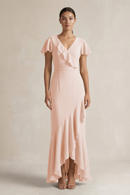 Rufffled V - Neck Sheath Chiffon Bridesmaid Dress in Pale Blush - SHE IS ME Bridesmaid Dresses