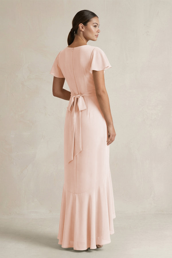 Rufffled V - Neck Sheath Chiffon Bridesmaid Dress in Pale Blush - SHE IS ME Bridesmaid Dresses