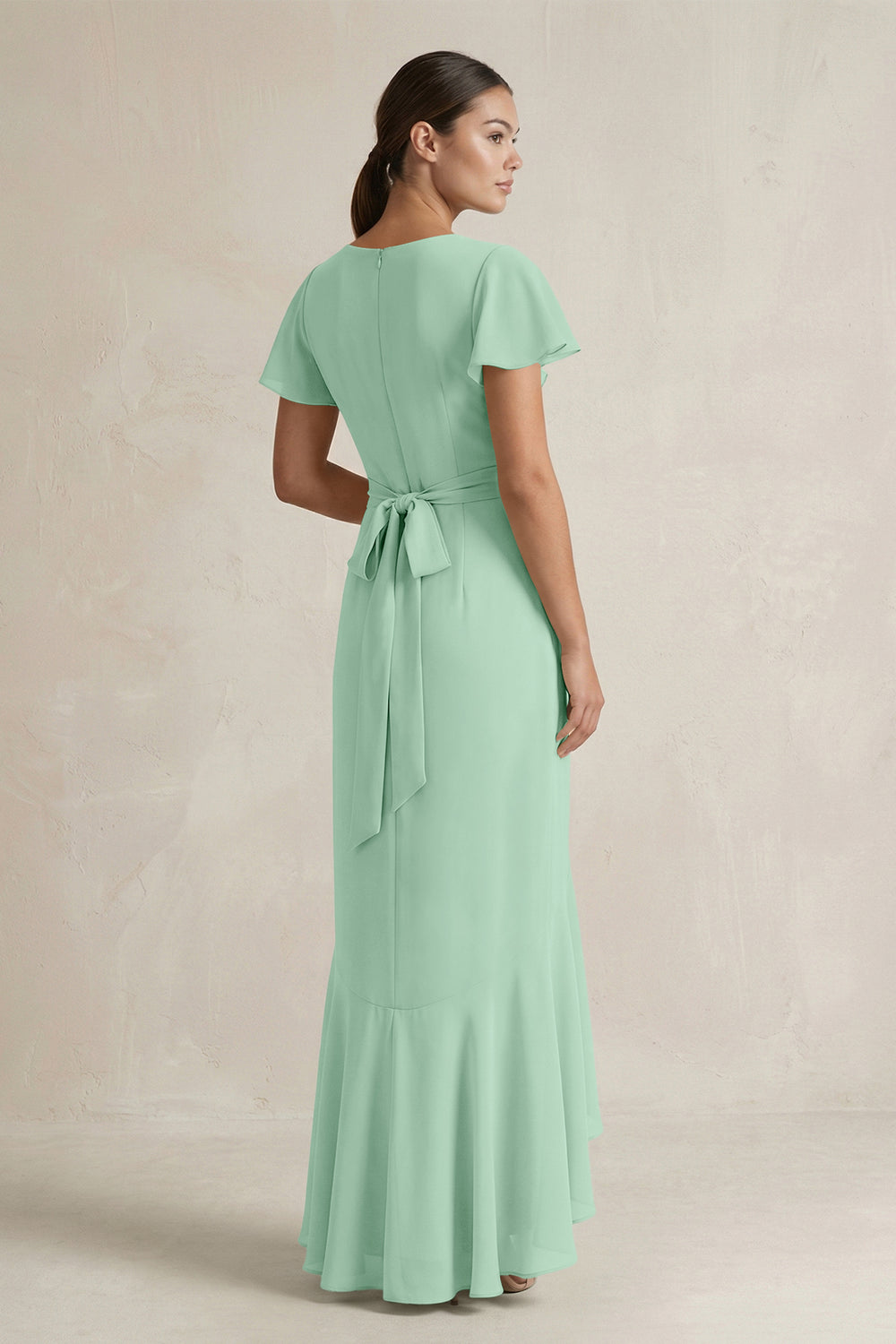 Rufffled V-Neck Sheath Chiffon Bridesmaid Dress in Pale Pistachio