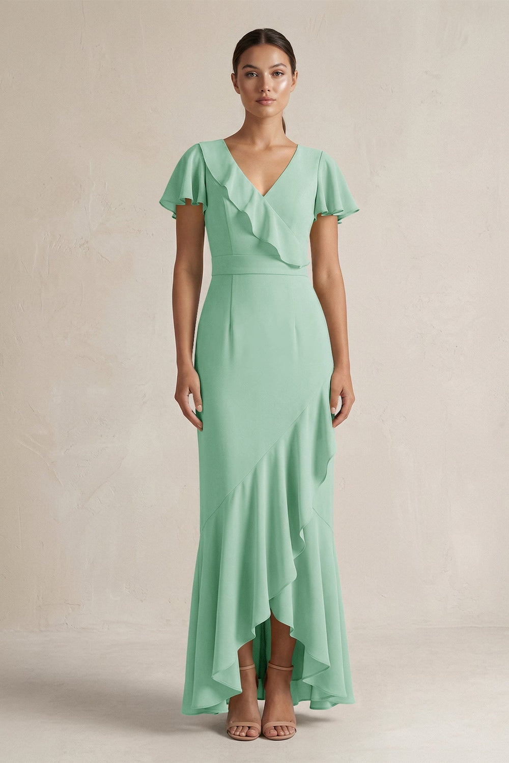 Rufffled V - Neck Sheath Chiffon Bridesmaid Dress in Pale Pistachio - KISS BRIDAL Bridesmaid Dresses