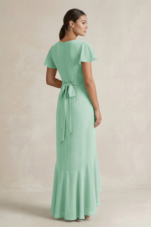 Rufffled V - Neck Sheath Chiffon Bridesmaid Dress in Pale Pistachio - SHE IS ME Bridesmaid Dresses