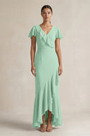 Rufffled V-Neck Sheath Chiffon Bridesmaid Dress in Pale Pistachio | KISSBRIDAL