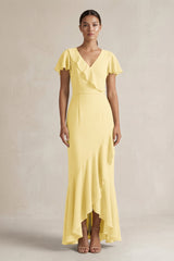 Rufffled V - Neck Sheath Chiffon Bridesmaid Dress in Pastel Yellow - KISS BRIDAL Bridesmaid Dresses