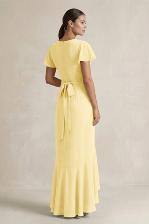 Rufffled V - Neck Sheath Chiffon Bridesmaid Dress in Pastel Yellow - SHE IS ME Bridesmaid Dresses