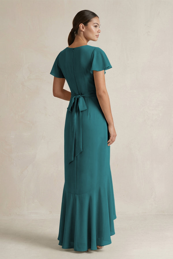 Rufffled V - Neck Sheath Chiffon Bridesmaid Dress in Pine - SHE IS ME Bridesmaid Dresses