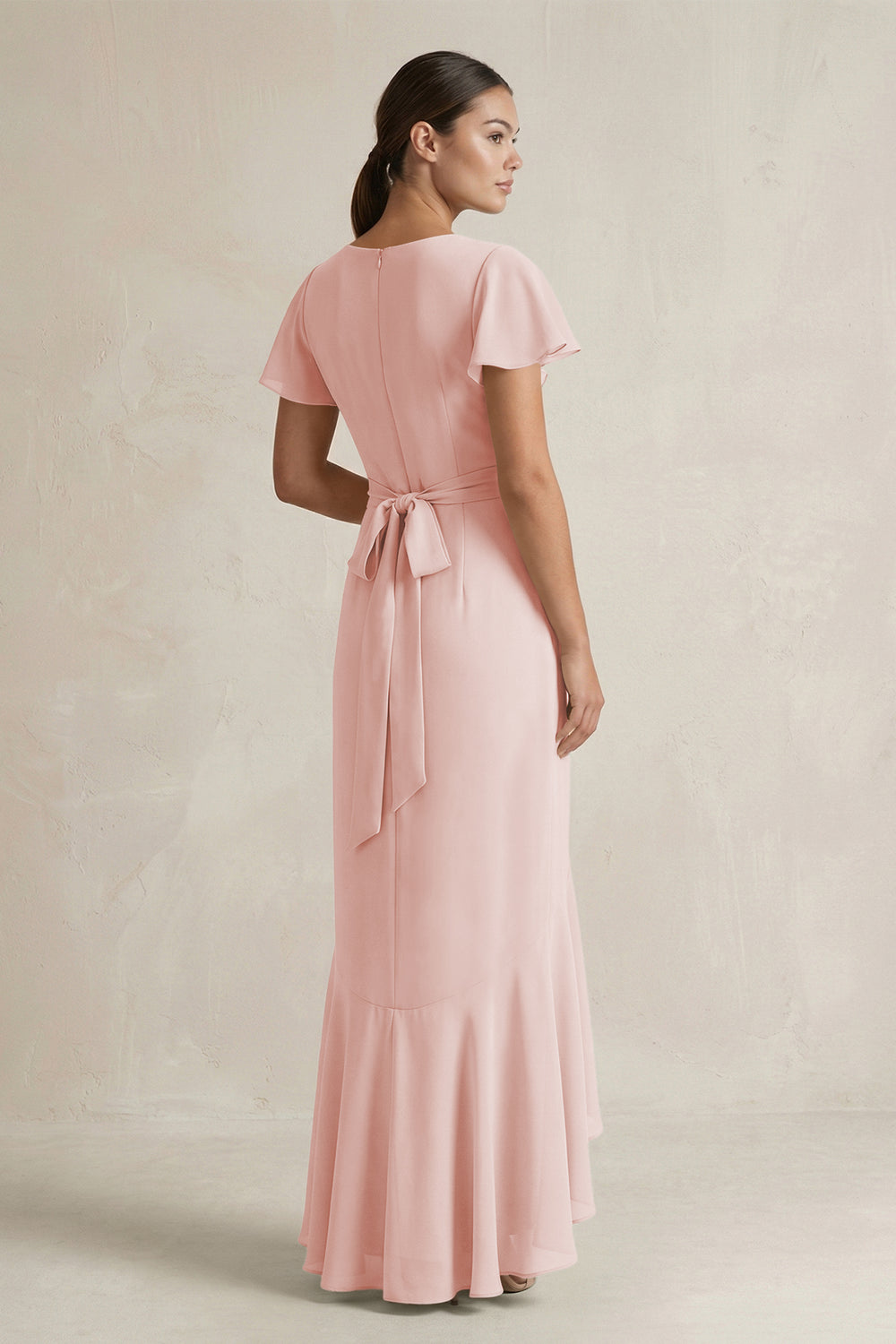 Rufffled V-Neck Sheath Chiffon Bridesmaid Dress in Rose Petal