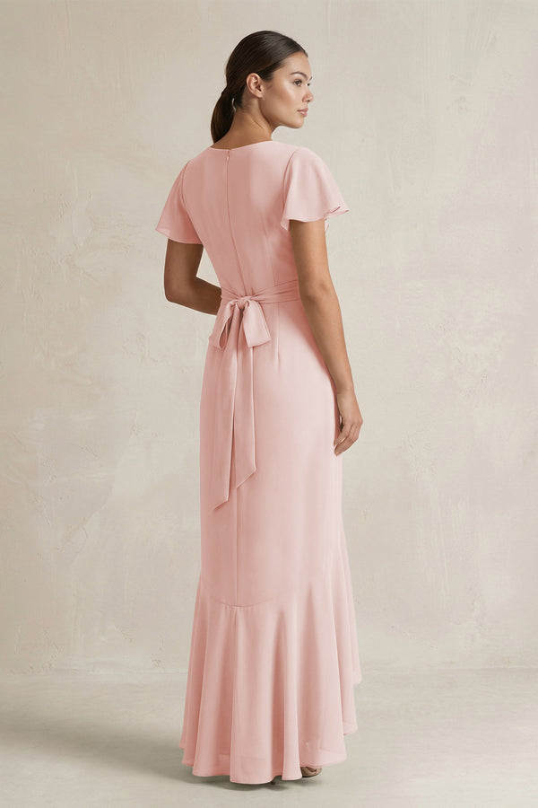 Rufffled V-Neck Sheath Chiffon Bridesmaid Dress in Rose Petal (2) | KISSBRIDAL