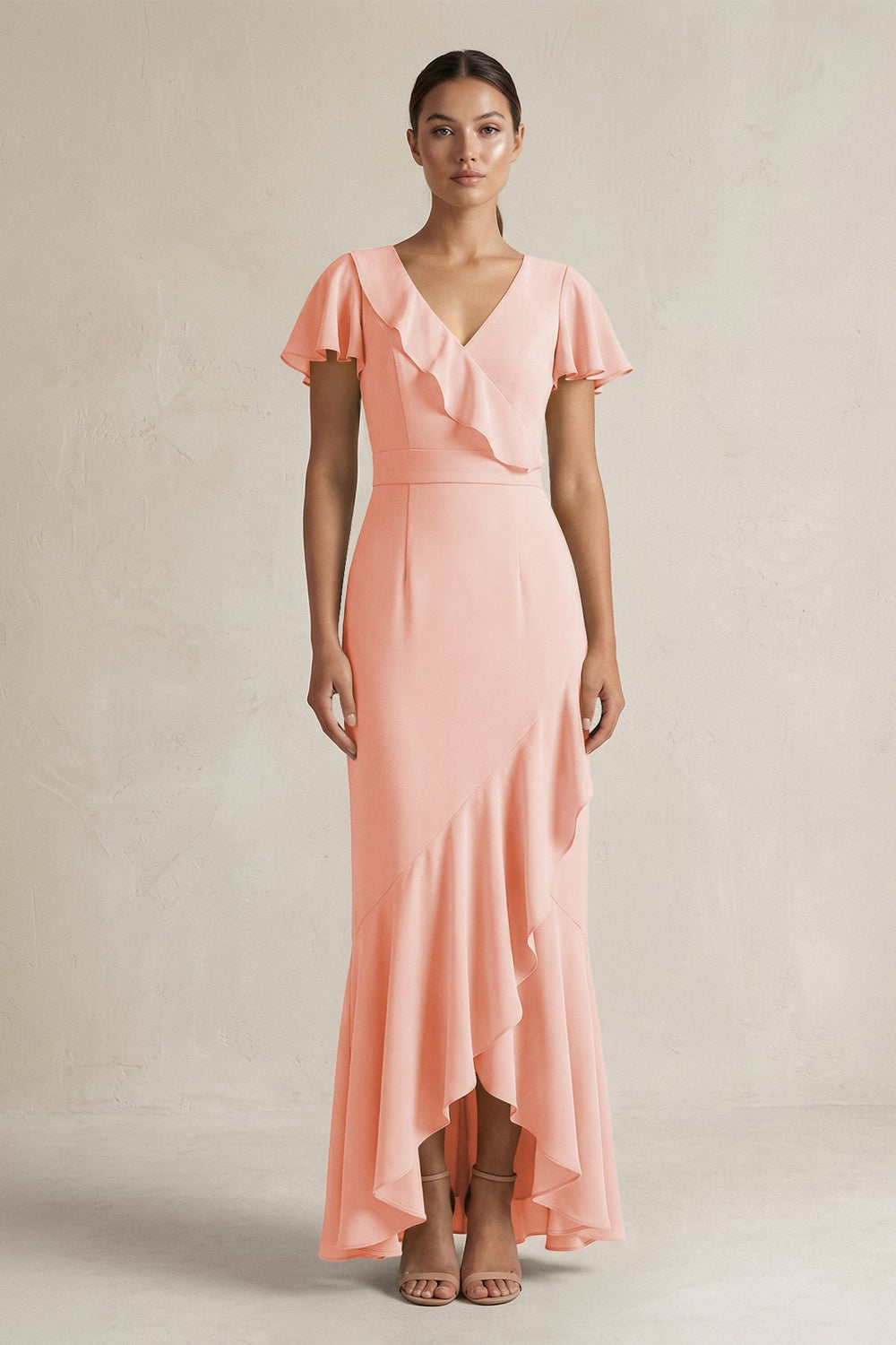 Rufffled V - Neck Sheath Chiffon Bridesmaid Dress in Rose Petal - KISS BRIDAL Bridesmaid Dresses