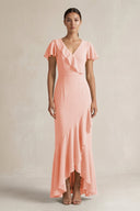 Rufffled V - Neck Sheath Chiffon Bridesmaid Dress in Rose Petal - SHE IS ME Bridesmaid Dresses