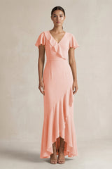 Rufffled V - Neck Sheath Chiffon Bridesmaid Dress in Rose Petal - KISS BRIDAL Bridesmaid Dresses