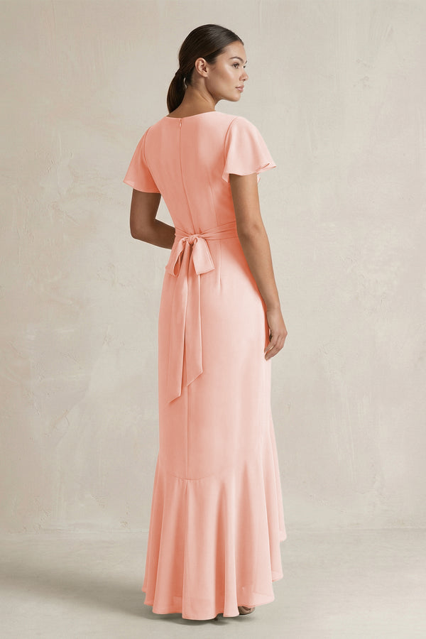 Rufffled V - Neck Sheath Chiffon Bridesmaid Dress in Rose Petal - SHE IS ME Bridesmaid Dresses