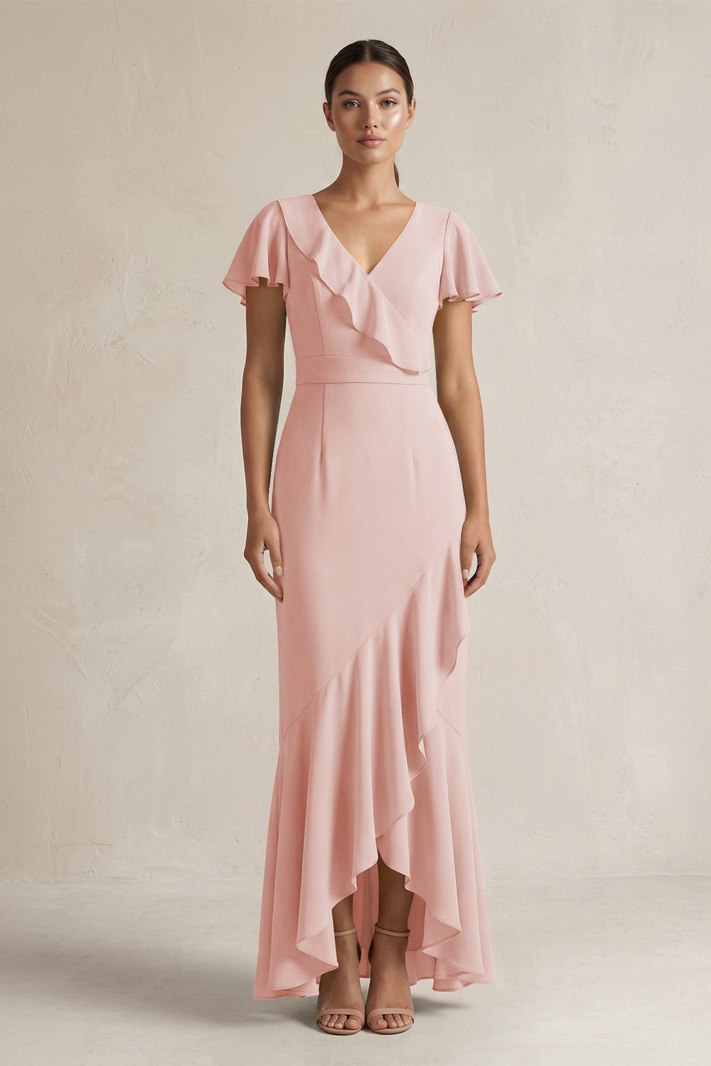 Rufffled V-Neck Sheath Chiffon Bridesmaid Dress in Rose Petal