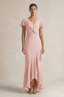 Rufffled V-Neck Sheath Chiffon Bridesmaid Dress in Rose Petal | KISSBRIDAL