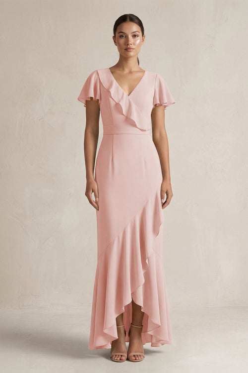 Rufffled V-Neck Sheath Chiffon Bridesmaid Dress in Rose Petal | KISSBRIDAL