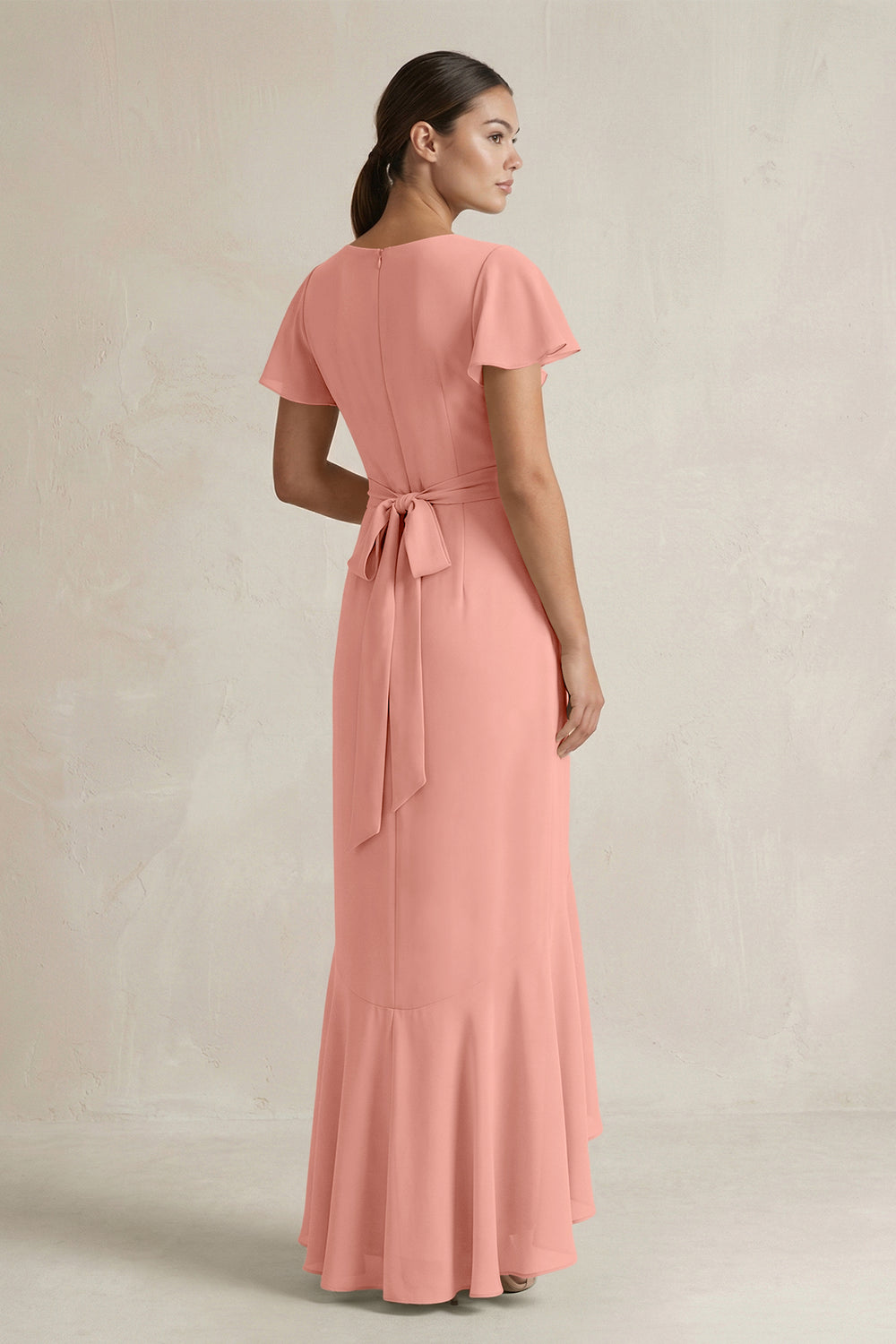 Rufffled V-Neck Sheath Chiffon Bridesmaid Dress in Rosette
