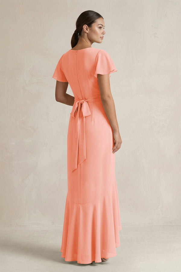 Rufffled V - Neck Sheath Chiffon Bridesmaid Dress in Rosette - SHE IS ME Bridesmaid Dresses