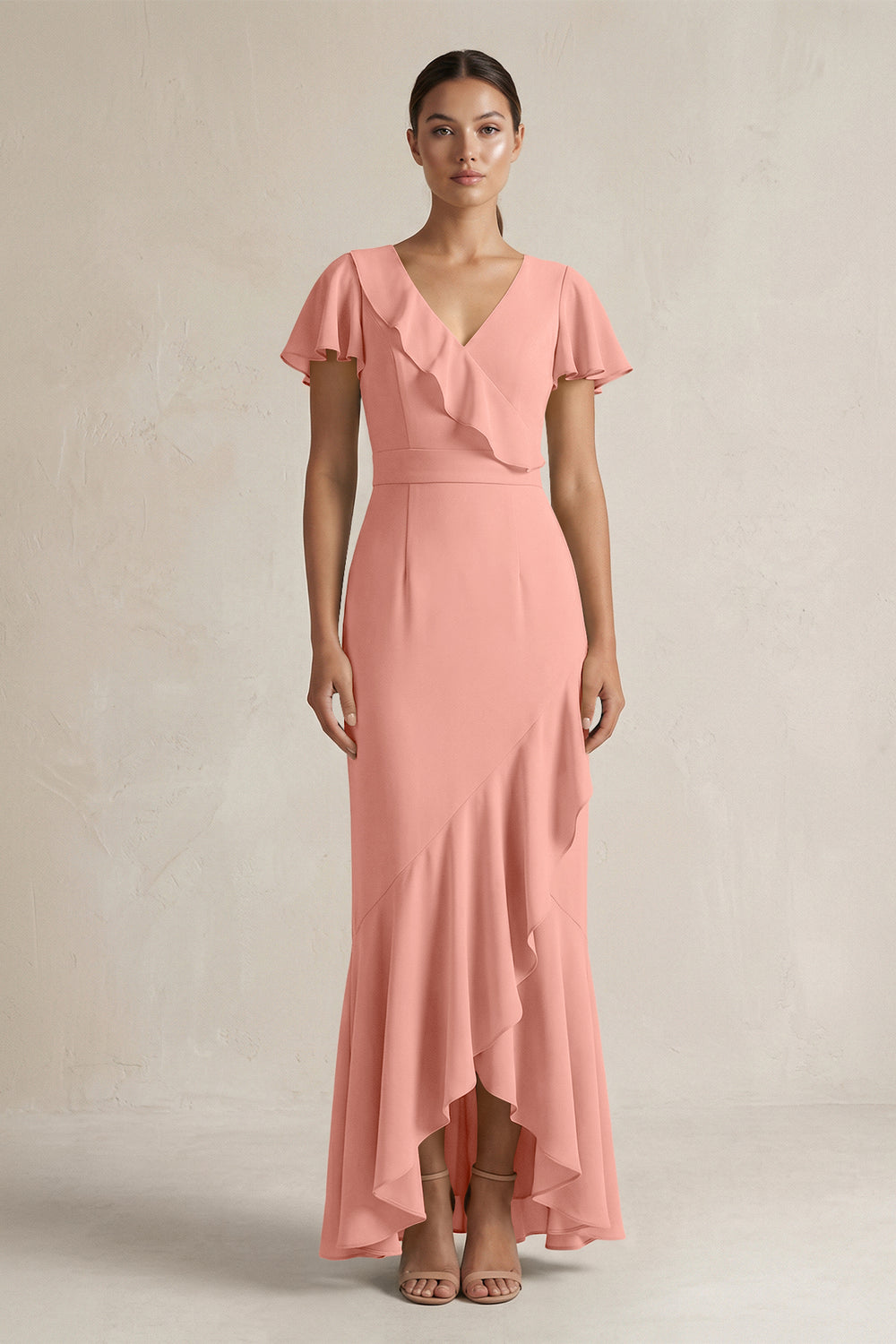 Rufffled V-Neck Sheath Chiffon Bridesmaid Dress in Rosette