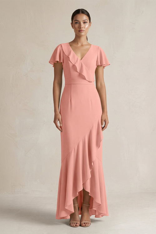 Rufffled V-Neck Sheath Chiffon Bridesmaid Dress in Rosette | KISSBRIDAL
