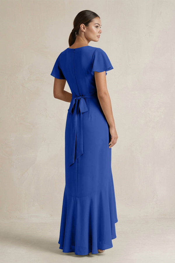 Rufffled V - Neck Sheath Chiffon Bridesmaid Dress in Royal Blue - SHE IS ME Bridesmaid Dresses