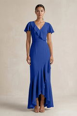 Rufffled V - Neck Sheath Chiffon Bridesmaid Dress in Royal Blue - KISS BRIDAL Bridesmaid Dresses