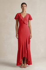 Rufffled V - Neck Sheath Chiffon Bridesmaid Dress in Ruby Red - KISS BRIDAL Bridesmaid Dresses