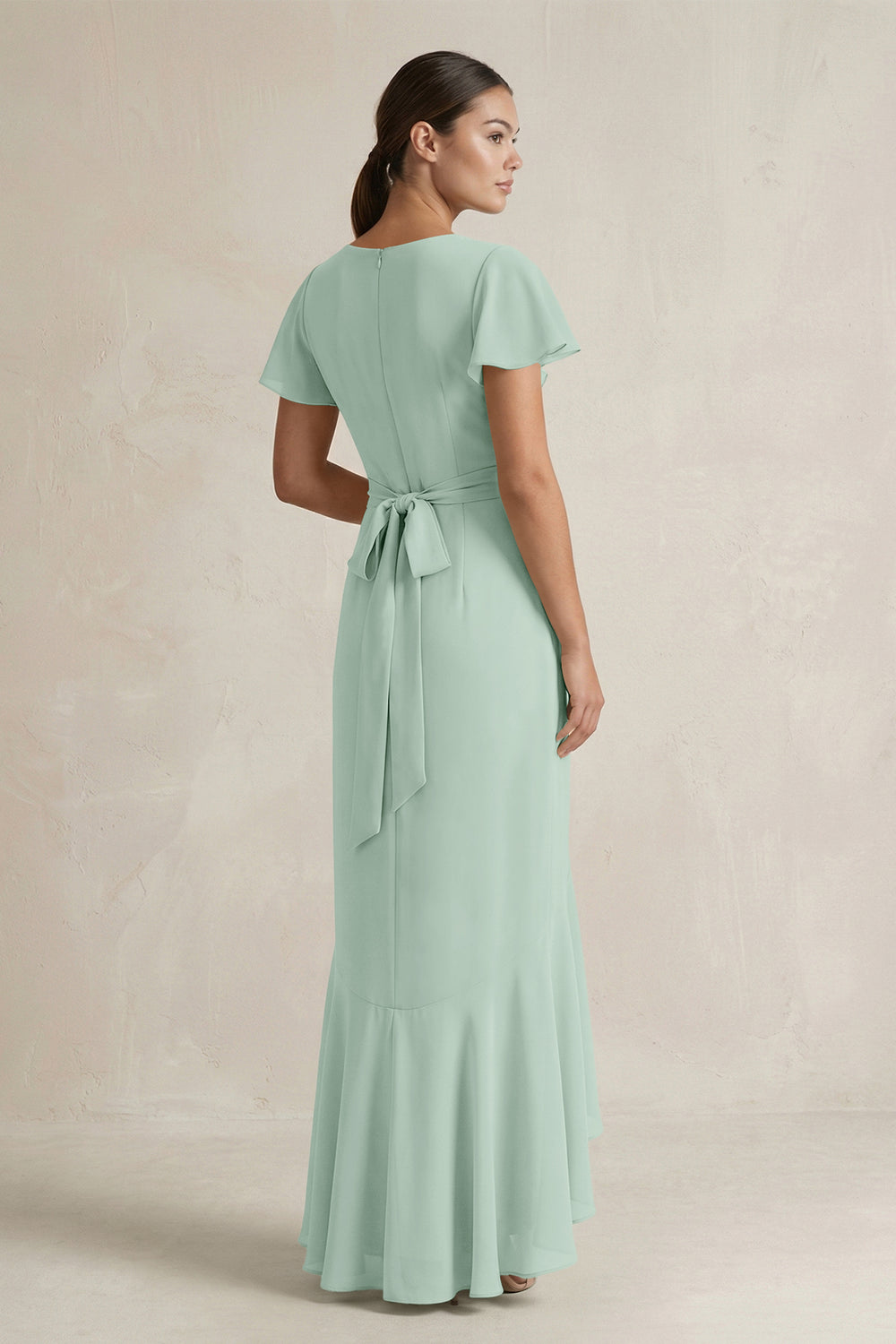 Rufffled V-Neck Sheath Chiffon Bridesmaid Dress in Sage