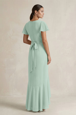 Rufffled V-Neck Sheath Chiffon Bridesmaid Dress in Sage (2) | KISSBRIDAL