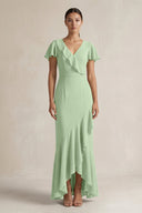 Rufffled V - Neck Sheath Chiffon Bridesmaid Dress in Sage - SHE IS ME Bridesmaid Dresses