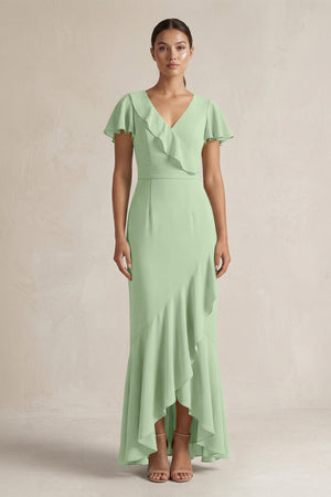 Rufffled V - Neck Sheath Chiffon Bridesmaid Dress in Sage - SHE IS ME Bridesmaid Dresses